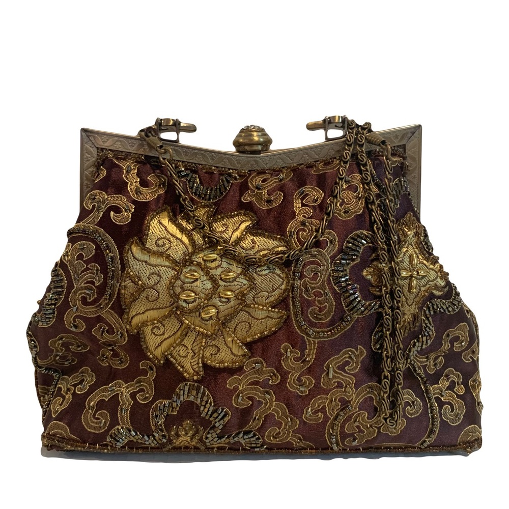 Vintage Brown Beaded Embroidered Chain Purse - Picture 7 of 16